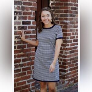 Classic Jude Connally M New Parker Ponte Knit Dress Navy White Houndstooth Trim